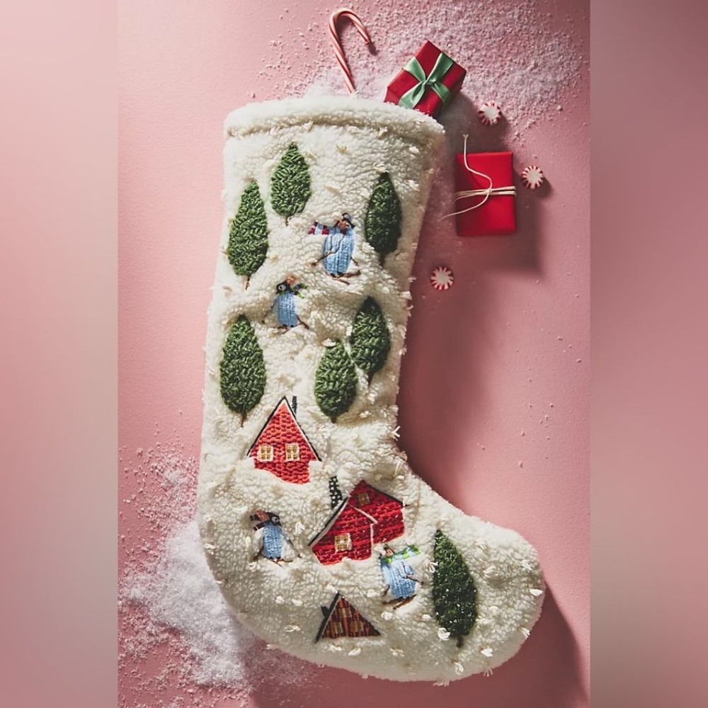 Anthropologie Winifred Sherpa Embroidered Christmas Stocking